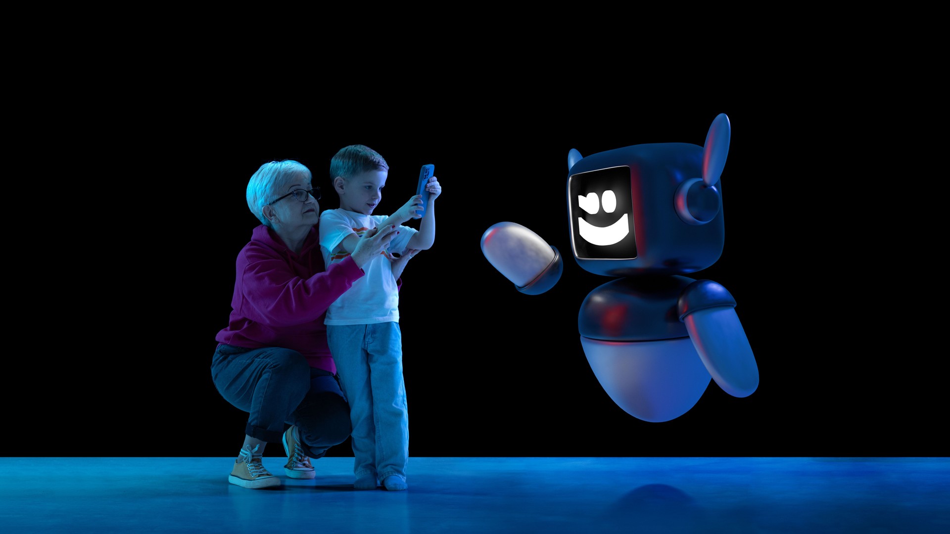 Composite image of grandmother and boy child with phone interacting with 3D model of robot, representing intergenerational tech engagement