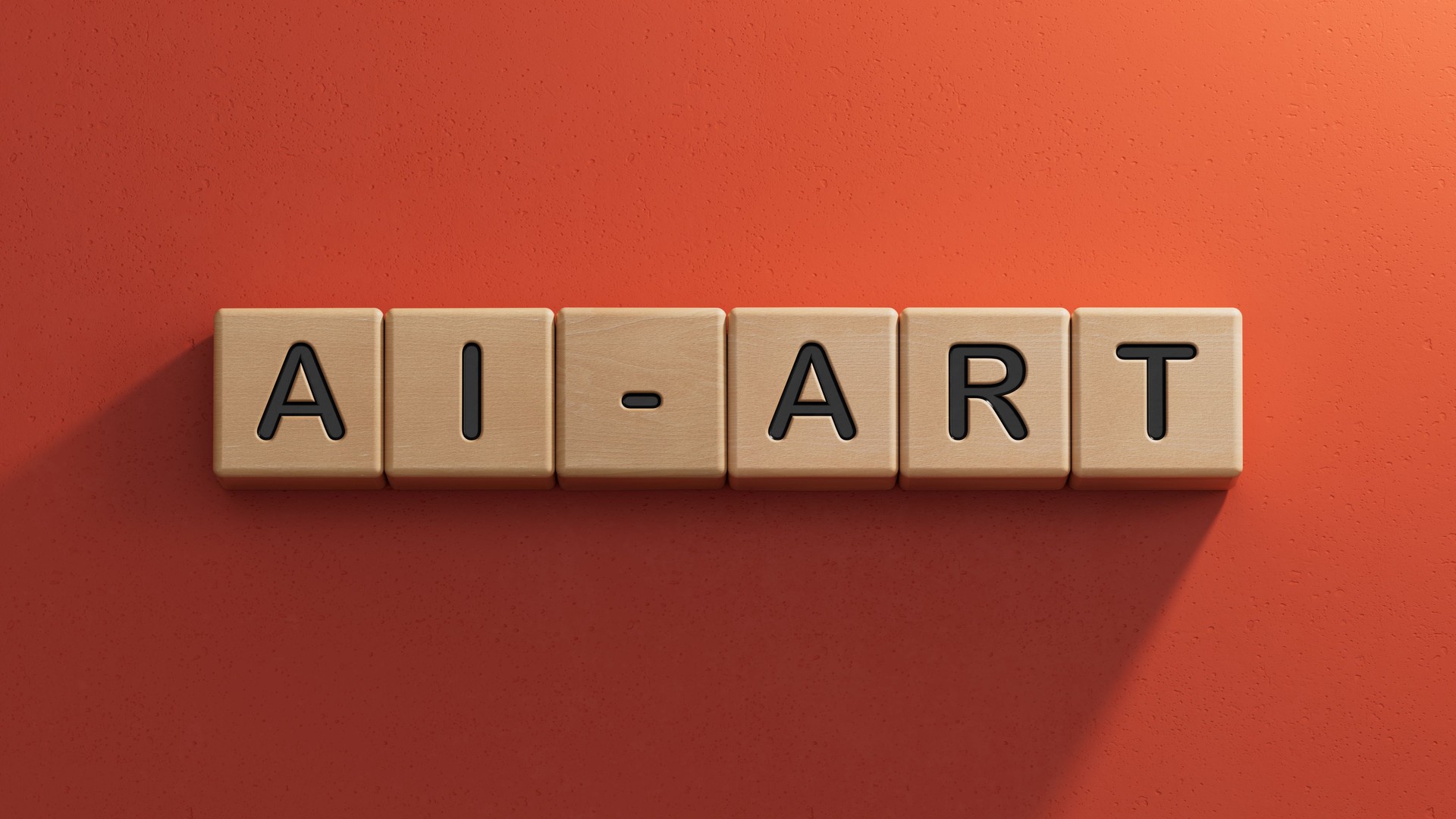 wooden cube block with AI ART business word.close up of wooden elements,Business Concept.3D rendering on red background.