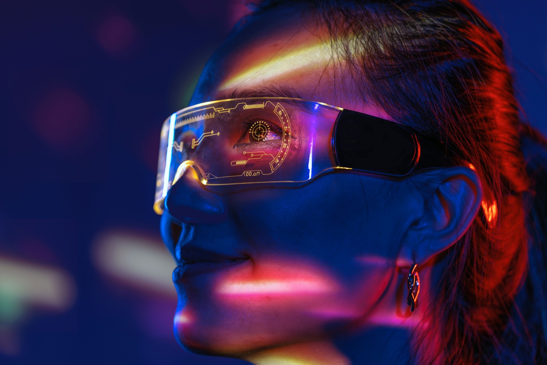 Metaverse digital cyber world technology, man with virtual reality VR goggle playing AR augmented reality game and entertainment, futuristic lifestyle