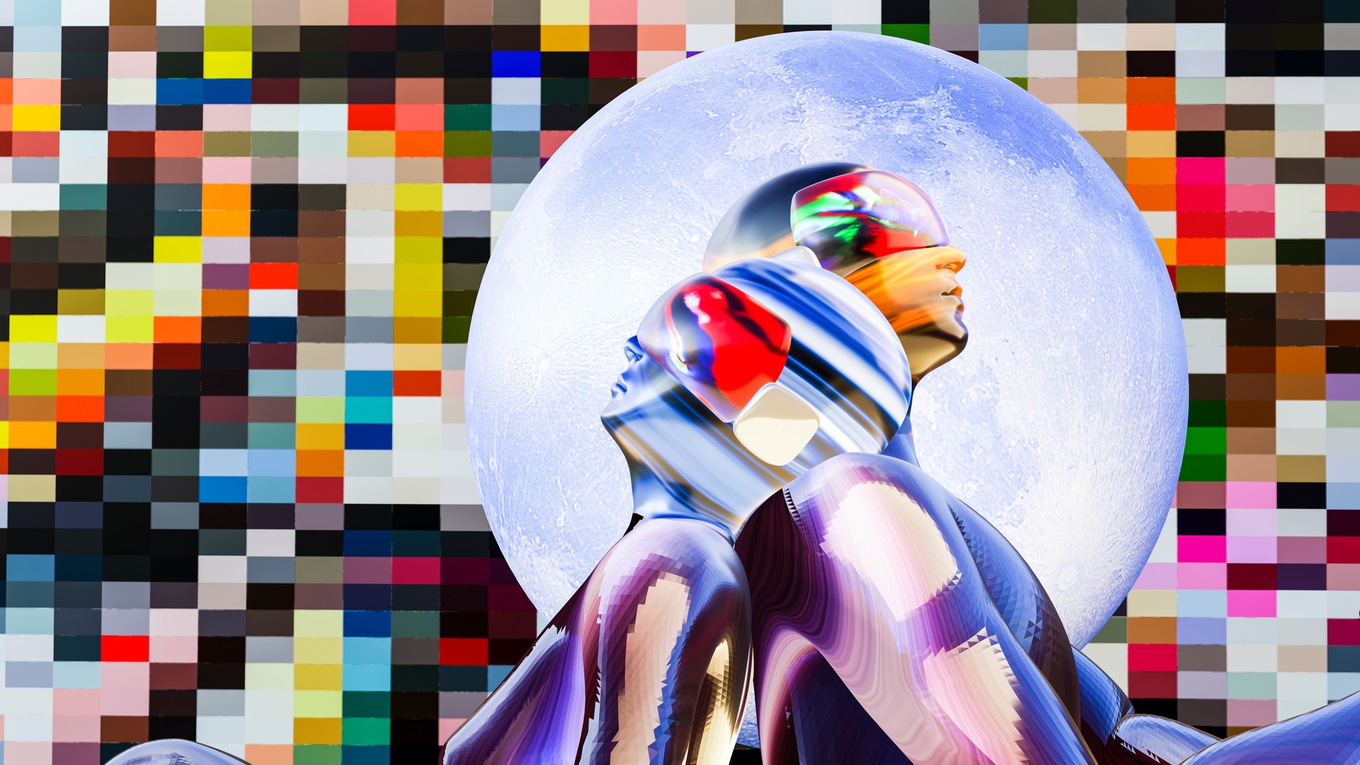 Male and female avatars wearing VR masks